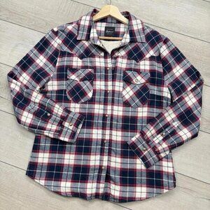 Jachs Girlfriend Sherpa Lined Flannel Shirt Overshirt Plaid Red Navy White Sz L